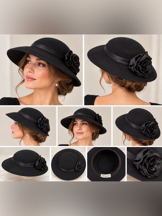 Georgette Accessories - Vintage Georgette Black Felt Cloche Hat Satin Rosette Wide Brim